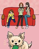 ３人の女性たち ソファーの上に座る A 犬 中に 前景 正面図 Illustrative 技術 イラスト U Fotosearch