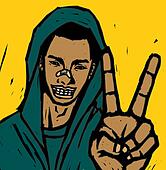 Retrato, de, un, hombre, actuación, un, signo paz, y, sonriente