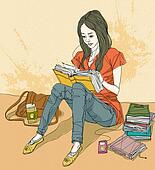 Young woman reading book Drawing | u12286763 | Fotosearch